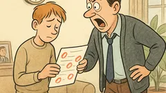 Witz: Jürgen hält ein Zeugnis in der Hand